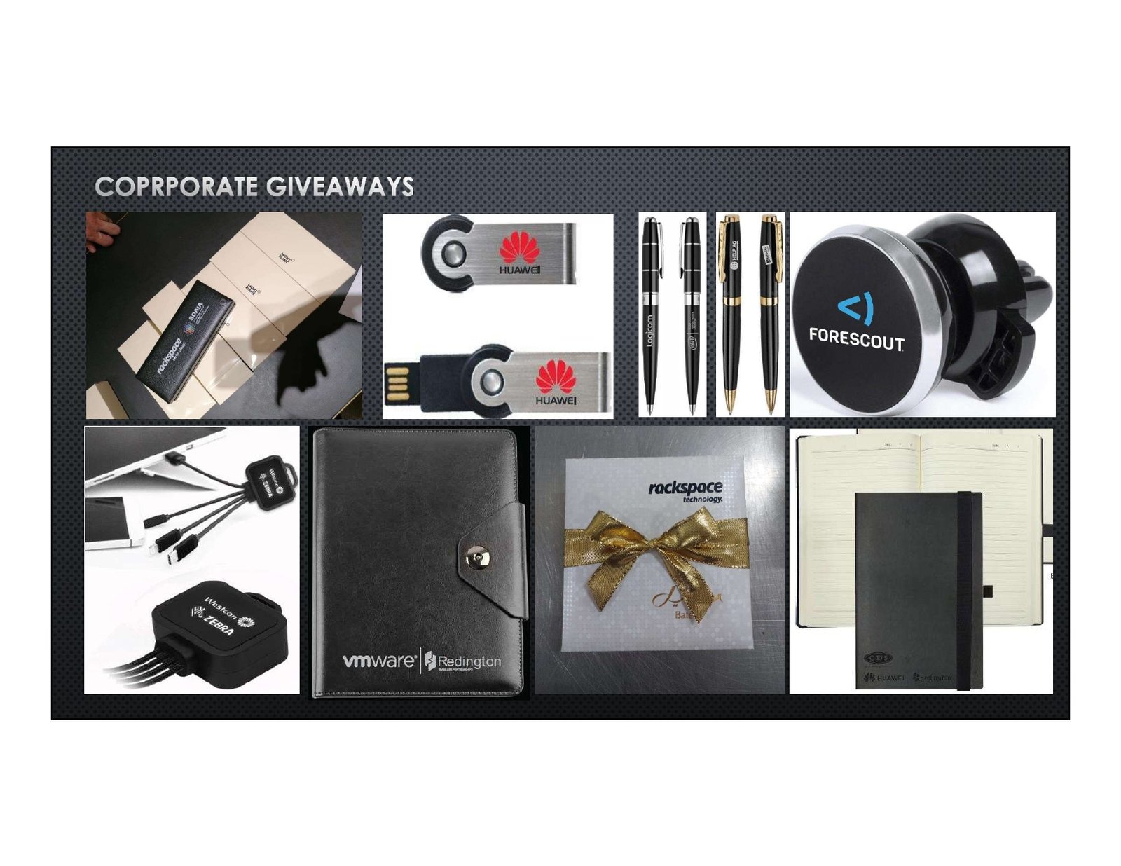 Corporate giveaways — branded electronics, pens, organizers and notebooks