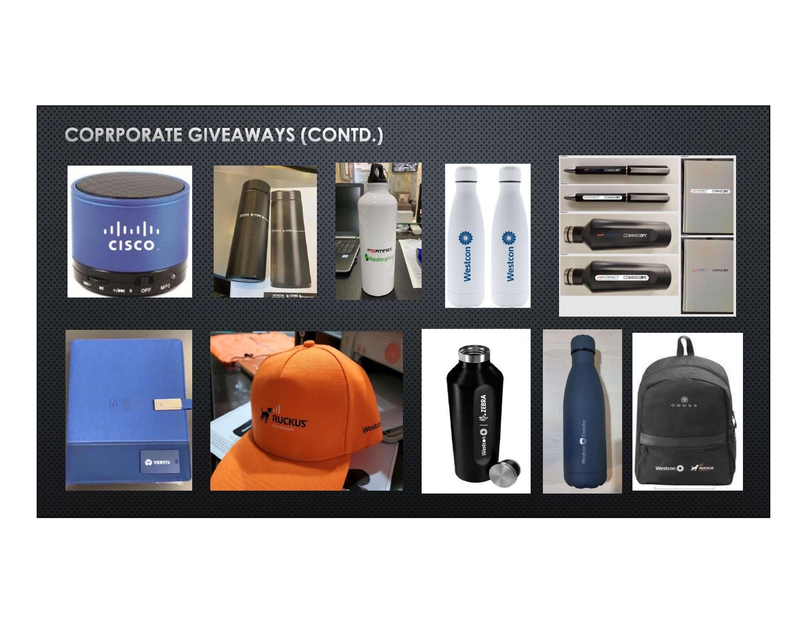 Corporate giveaways continued — speakers, bottles, caps and backpacks